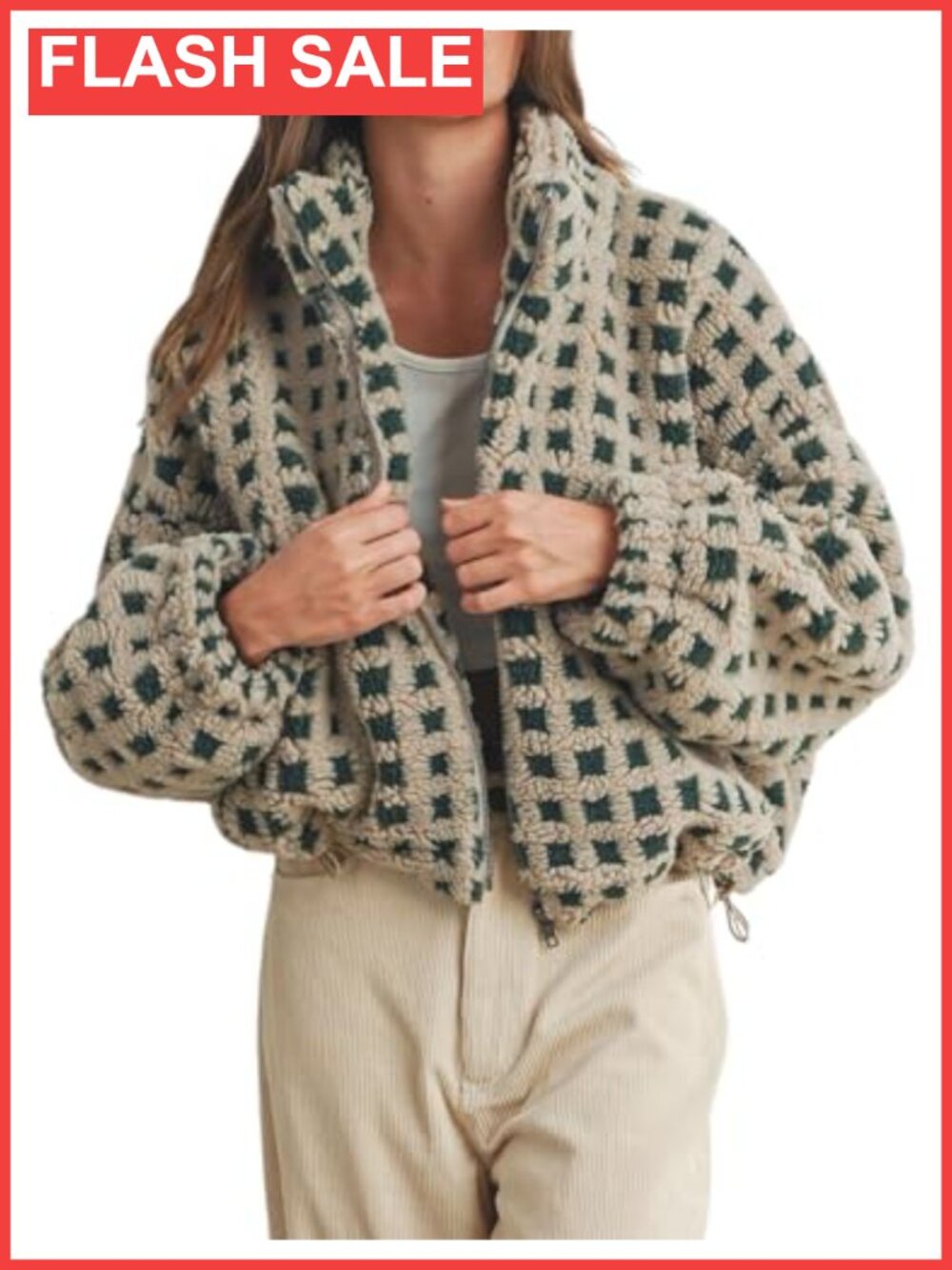 Women's Long Sleeve Cropped Sherpa Fleece Plaid Jacket Casual Teddy Fleece